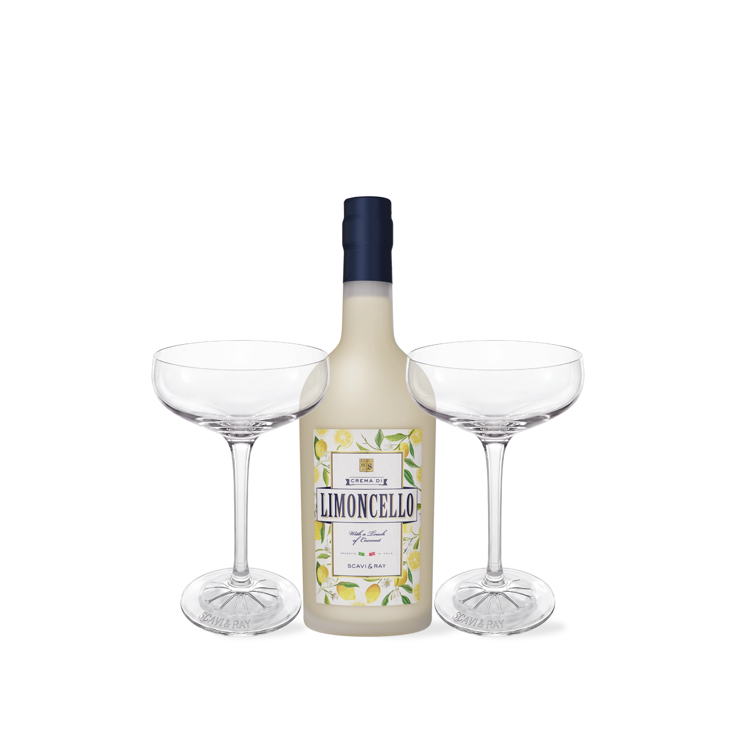 SCAVI & RAY Crema di Limoncello Glas Bundle – Zitronenlikör 0,7 l mit zwei Coupe-Gläsern